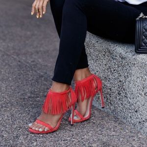 Stuart Weitzman "Lovefringe" Suede Sandals in red
